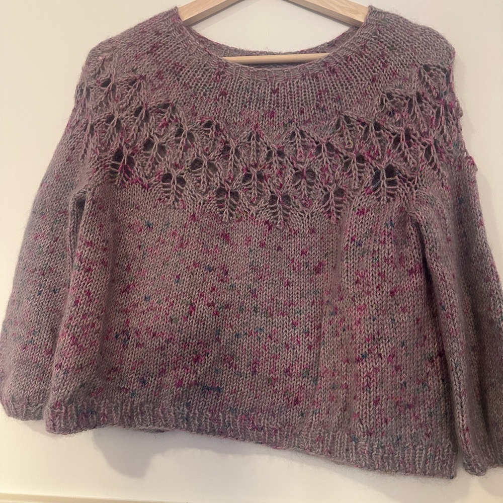 Women's handmade Knit Sweater with Lace‎ Detail - Purple alpaca yarn size S